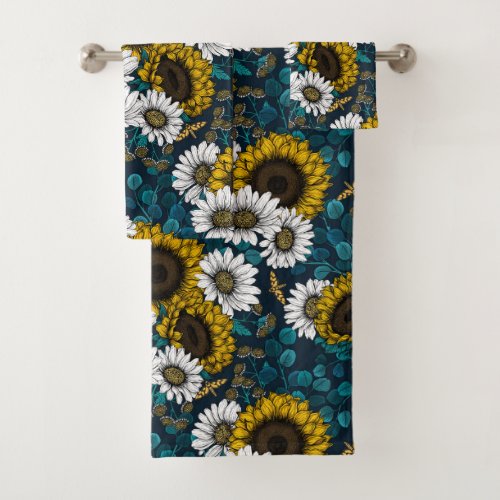 Sunflowers and daisies summer garden 2 bath towel set