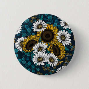 Sunflowers and daisies, summer garden 2 button