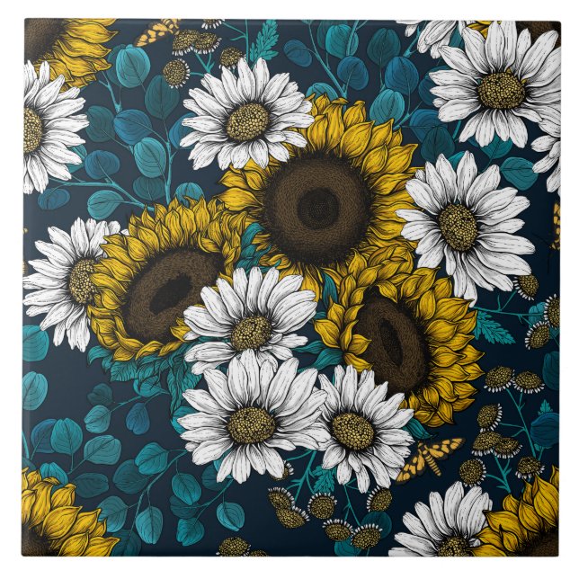 Sunflowers and daisies, summer garden 2 ceramic tile (Front)