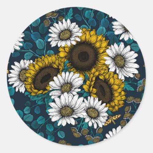 Sunflowers and daisies summer garden 2 classic round sticker