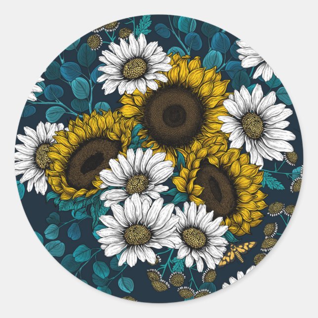 Sunflowers and daisies, summer garden 2 classic round sticker (Front)
