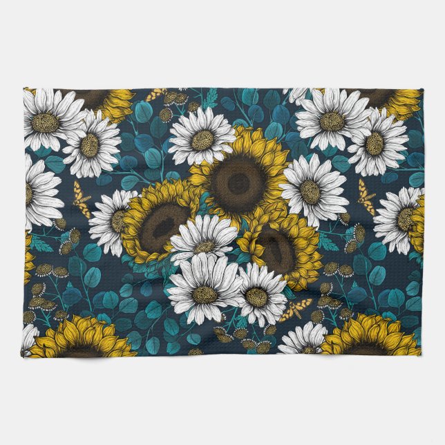 Sunflowers and daisies, summer garden 2 kitchen towel (Horizontal)