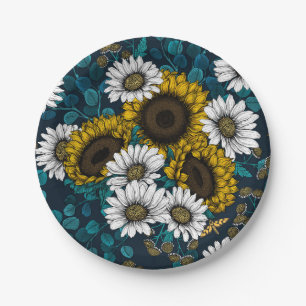 Sunflowers and daisies, summer garden 2 paper plates