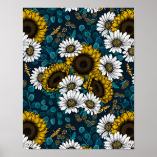Sunflowers and daisies, summer garden 2 poster