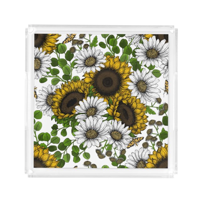 Sunflowers and daisies, summer garden 3 acrylic tray (Front)