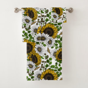 Sunflowers and daisies, summer garden 3 bath towel set