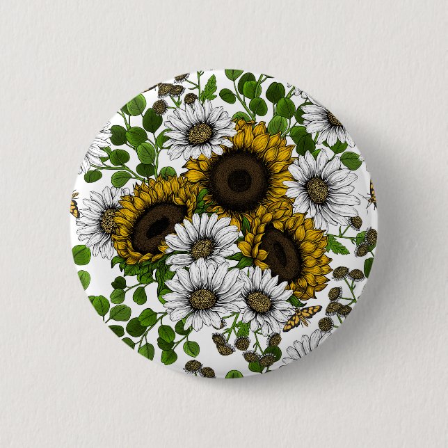 Sunflowers and daisies, summer garden 3 button (Front)