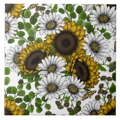 Sunflowers and daisies summer garden 3 ceramic tile