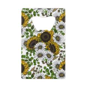 Sunflowers and daisies, summer garden 3 credit card bottle opener