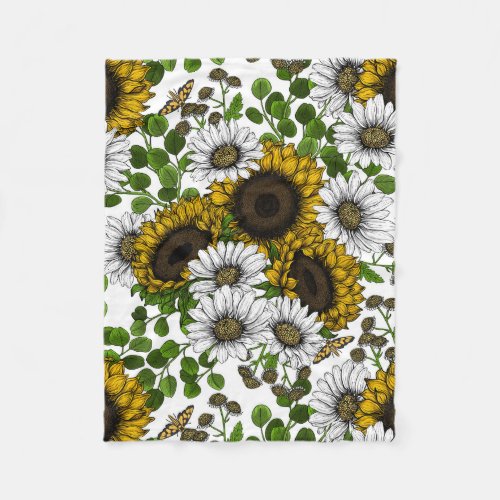 Sunflowers and daisies summer garden 3 fleece blanket
