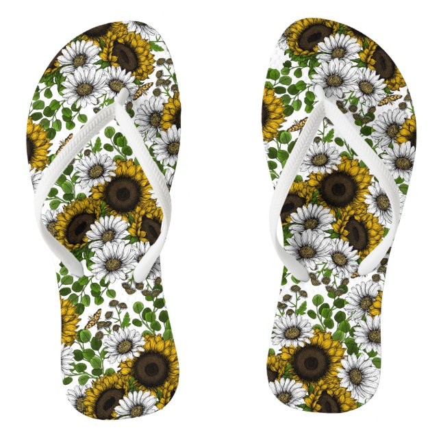 Sunflowers and daisies, summer garden 3 flip flops (Footbed)