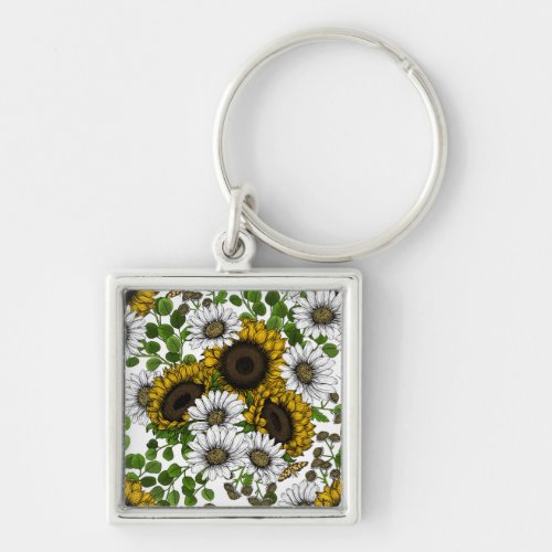 Sunflowers and daisies summer garden 3 keychain