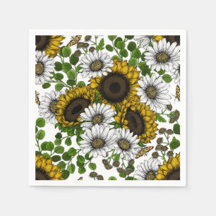 Sunflowers and daisies, summer garden 3 napkins