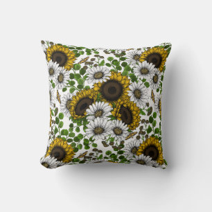 Sunflowers and daisies, summer garden 3 throw pillow