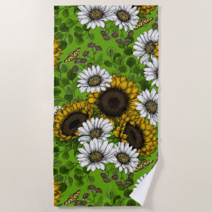 Sunflowers and daisies, summer garden beach towel