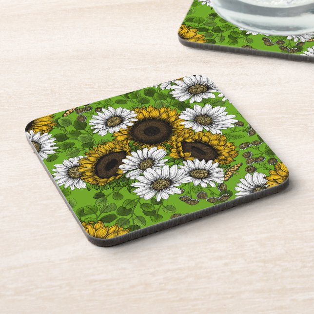 Sunflowers and daisies, summer garden beverage coaster (Left Side)