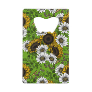 Sunflowers and daisies, summer garden credit card bottle opener