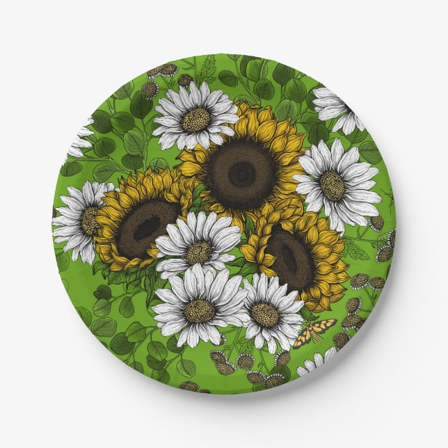 Sunflowers and daisies, summer garden paper plates (Front)