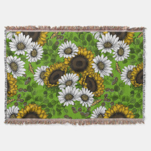 Sunflowers and daisies, summer garden throw blanket