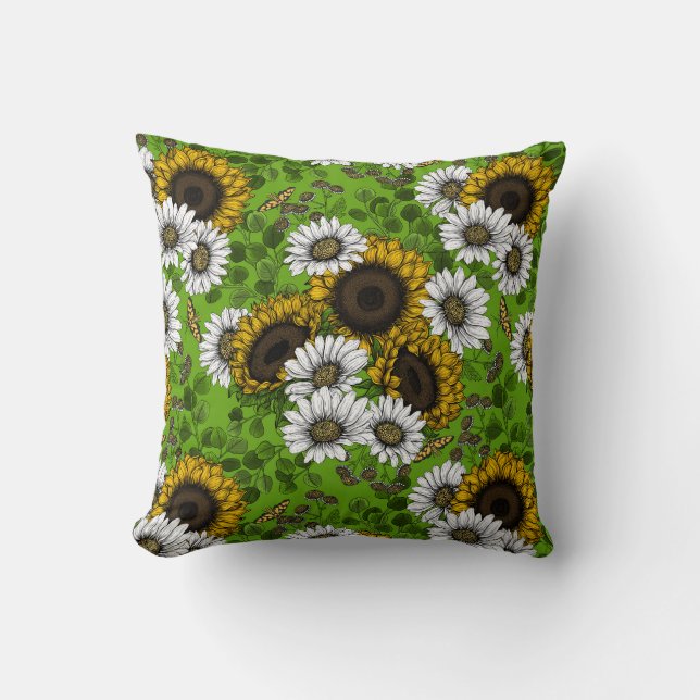 Sunflowers and daisies, summer garden throw pillow (Front)