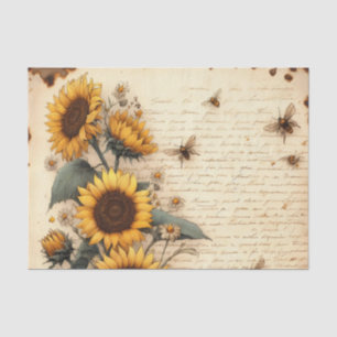 Sunflowers and Daisies with Flying Bees and Script Tissue Paper