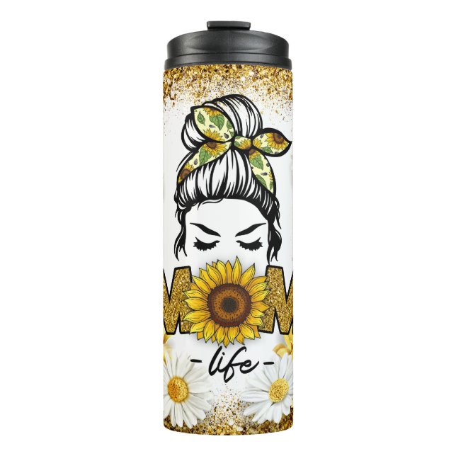 Sunflowers and Daisy Flowers With Mom Life Theme Thermal Tumbler (Front)