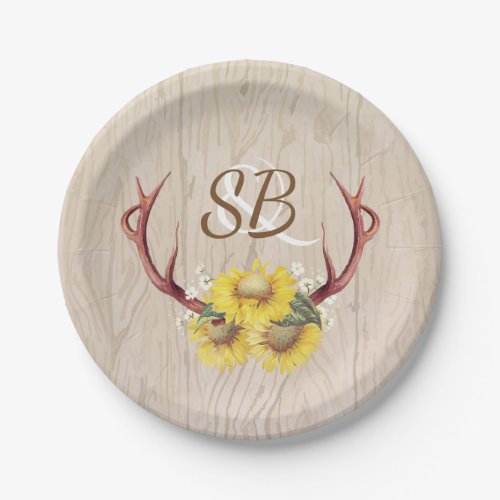 Sunflowers and Deer Antlers Rustic Barn Wood Paper Plates - Barn wedding paper plates with wood texture, sunflowers and deer antlers