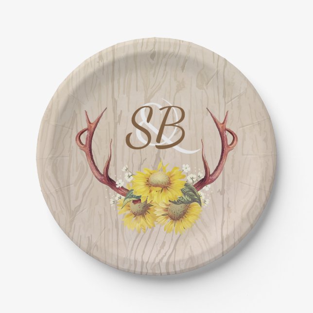 Sunflowers and Deer Antlers Rustic Barn Wood Paper Plates (Front)