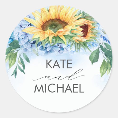 Sunflowers and Dusty Blue Hydrangea Floral Elegant Classic Round Sticker