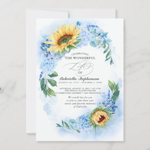 Sunflowers and Dusty Blue Hydrangea Floral Funeral Invitation