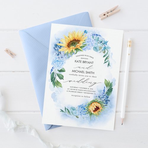 Sunflowers and Dusty Blue Hydrangea Floral Wedding Invitation