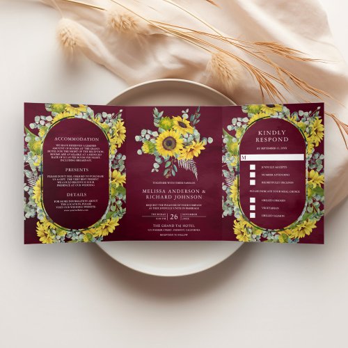 Sunflowers and Eucalyptus 3 in 1 Burgundy Wedding Tri_Fold Invitation
