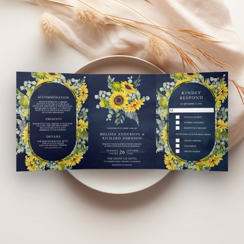 Sunflowers and Eucalyptus 3 in 1 Navy Blue Wedding Tri_Fold Invitation