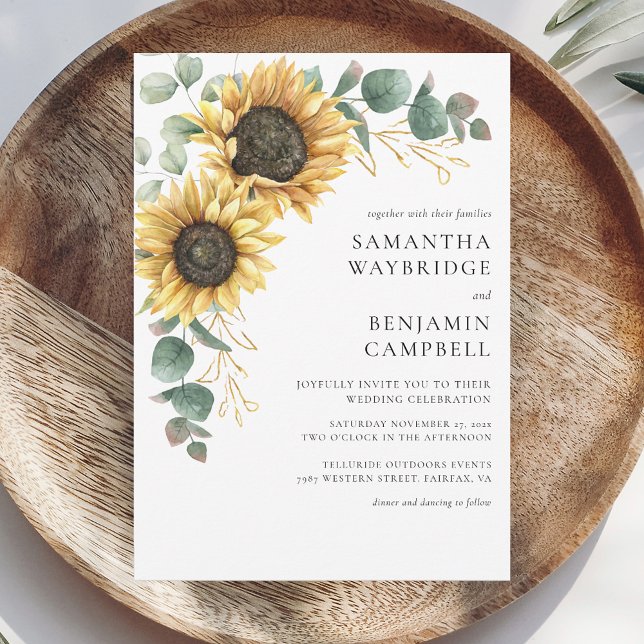 Sunflowers and Eucalyptus Rustic Wedding Invitation (Sunflower Eucalyptus Floral Wedding Invitation)