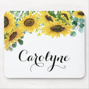 Sunflowers and Eucalyptus Script Personalized Mouse Pad