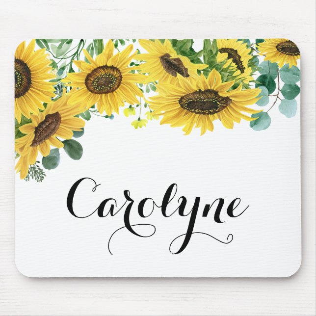 Sunflowers and Eucalyptus Script Personalized Mouse Pad (Front)