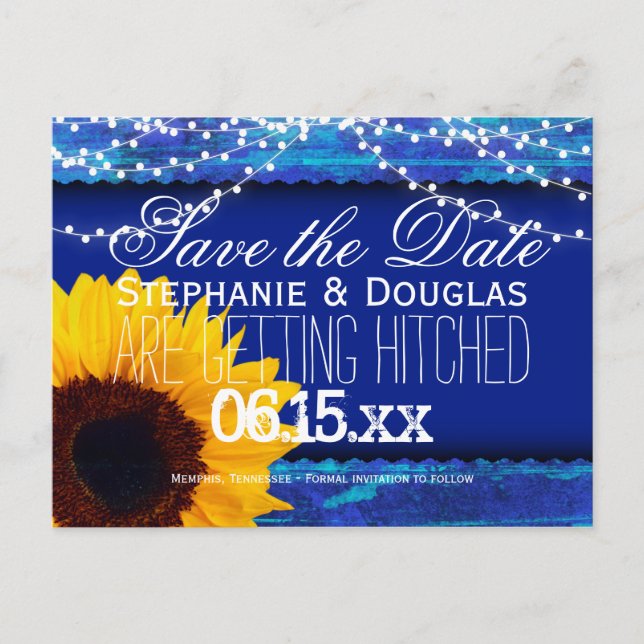 Sunflowers and Fairy Lights Blue Save the Date Announcement Postcard (Front)