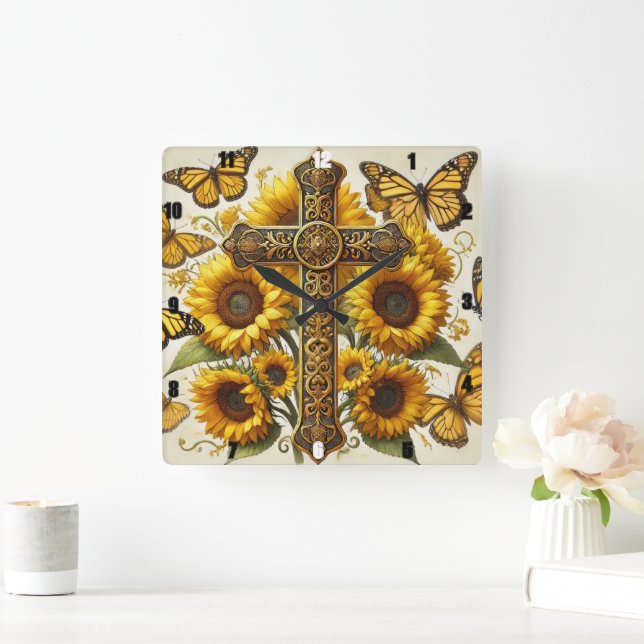 Sunflowers And Fluttering Yellow Butterflies. Square Wall Clock (Home)
