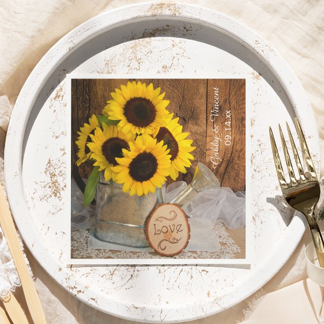 Sunflowers and Garden Watering Can Barn Wedding Napkins (Creator Uploaded)