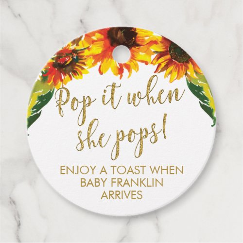 Sunflowers and Gold Glitter Baby Shower Pop It Favor Tags