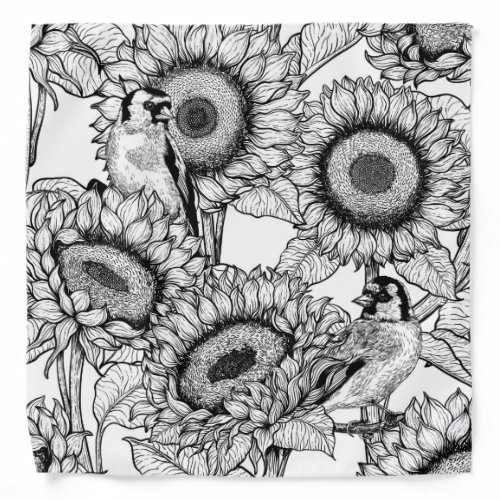 Sunflowers and goldfinches in black and white bandana