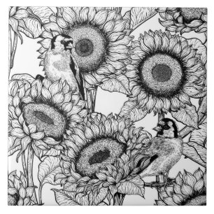 Sunflowers and goldfinches in black and white ceramic tile