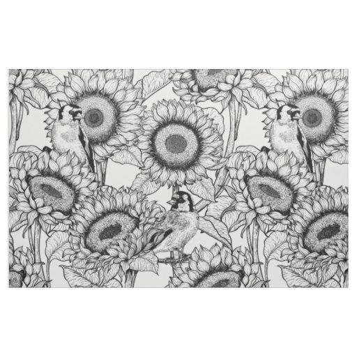 Sunflowers and goldfinches in black and white fabric