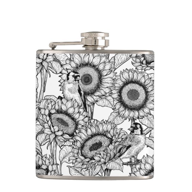 Sunflowers and goldfinches in black and white flask (Front)