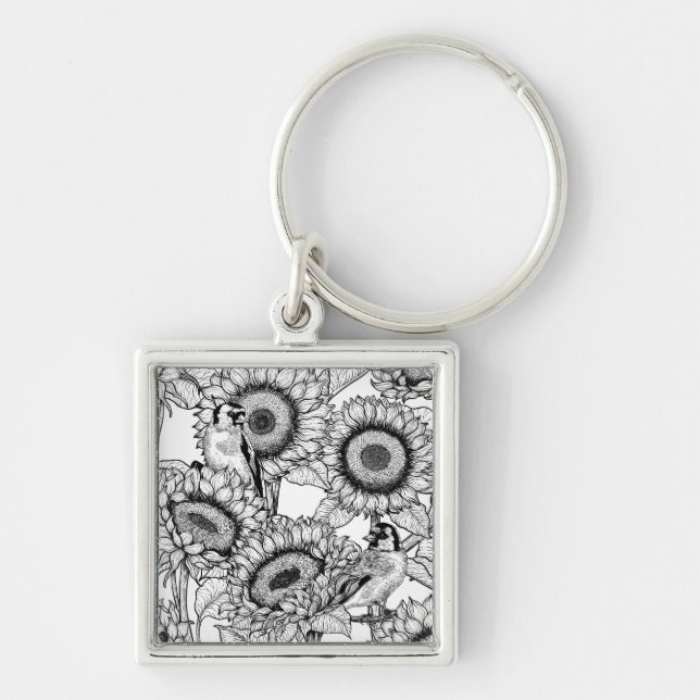 Sunflowers and goldfinches in black and white keychain (Front)