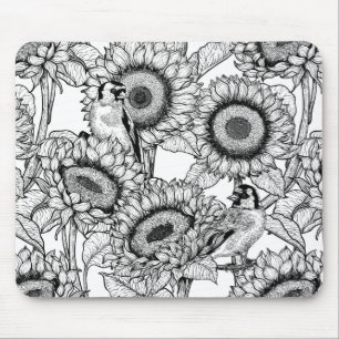 Sunflowers and goldfinches in black and white mouse pad