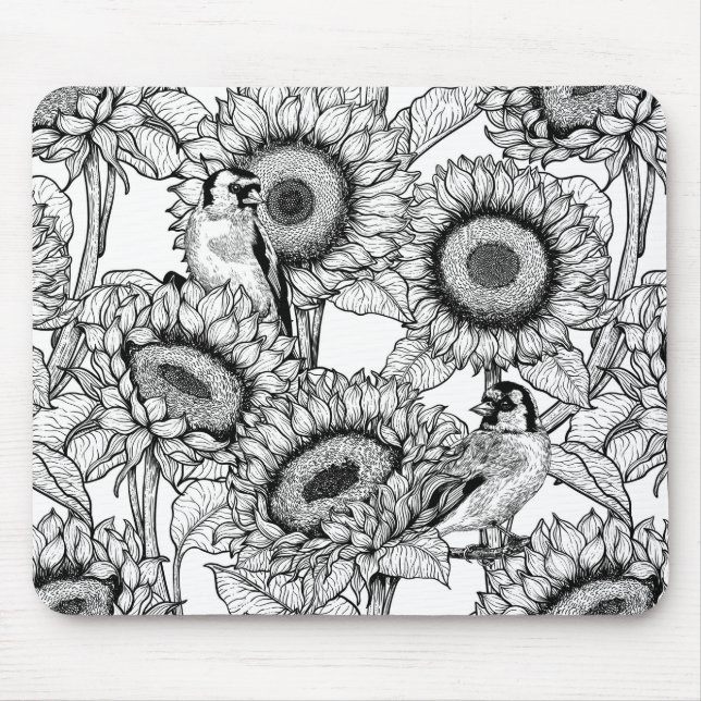 Sunflowers and goldfinches in black and white mouse pad (Front)