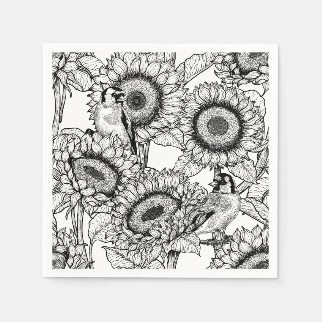 Sunflowers and goldfinches in black and white napkins (Front)