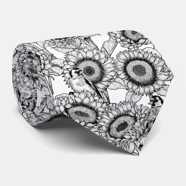 Sunflowers and goldfinches in black and white neck tie (Rolled)