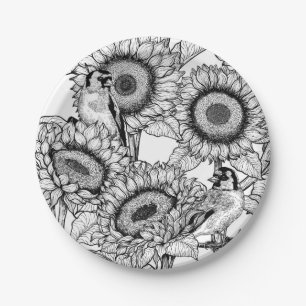 Sunflowers and goldfinches in black and white paper plates